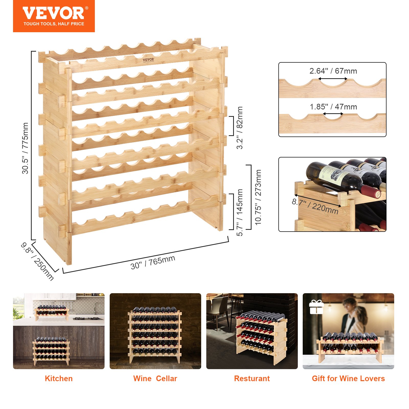 VEVOR Botellero modular apilable para 48 botellas, estantes de almacenamiento de madera de bambú maciza de 6 niveles, estante de exhibición independiente para vino, estantes sin oscilaciones para coci
