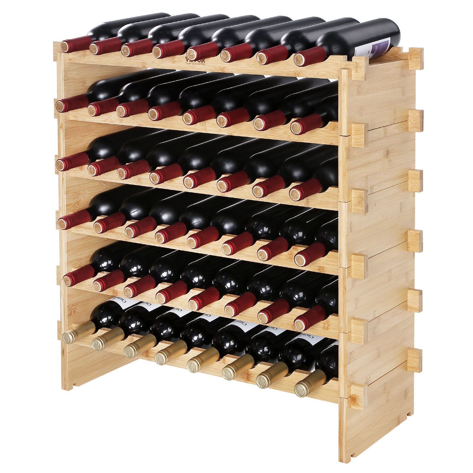 VEVOR Botellero modular apilable para 48 botellas, estantes de almacenamiento de madera de bambú maciza de 6 niveles, estante de exhibición independiente para vino, estantes sin oscilaciones para coci