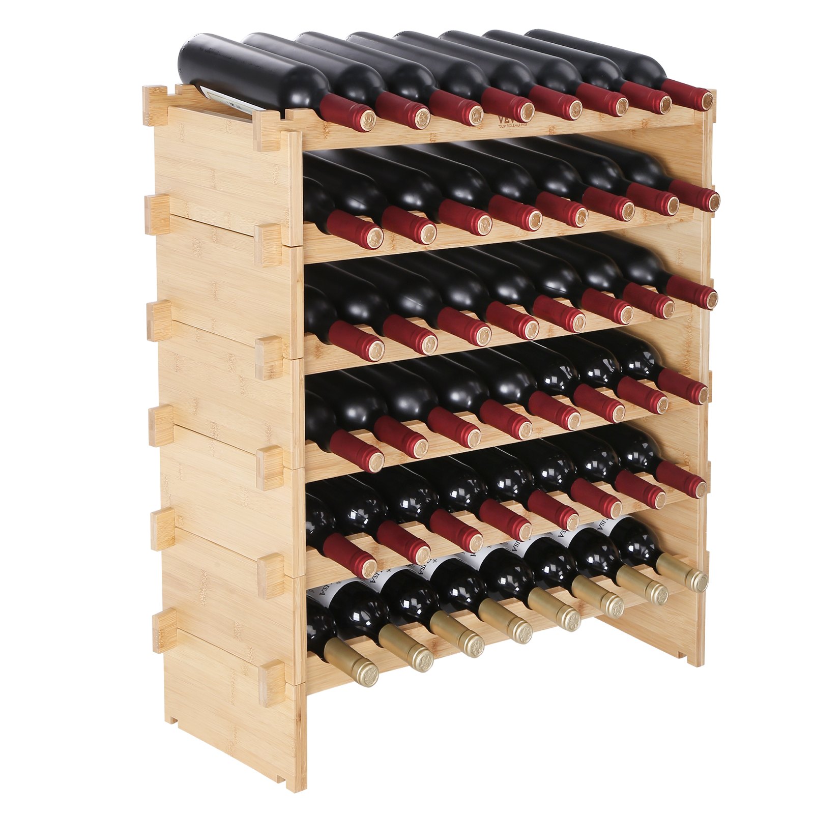 VEVOR Botellero modular apilable para 48 botellas, estantes de almacenamiento de madera de bambú maciza de 6 niveles, estante de exhibición independiente para vino, estantes sin oscilaciones para coci