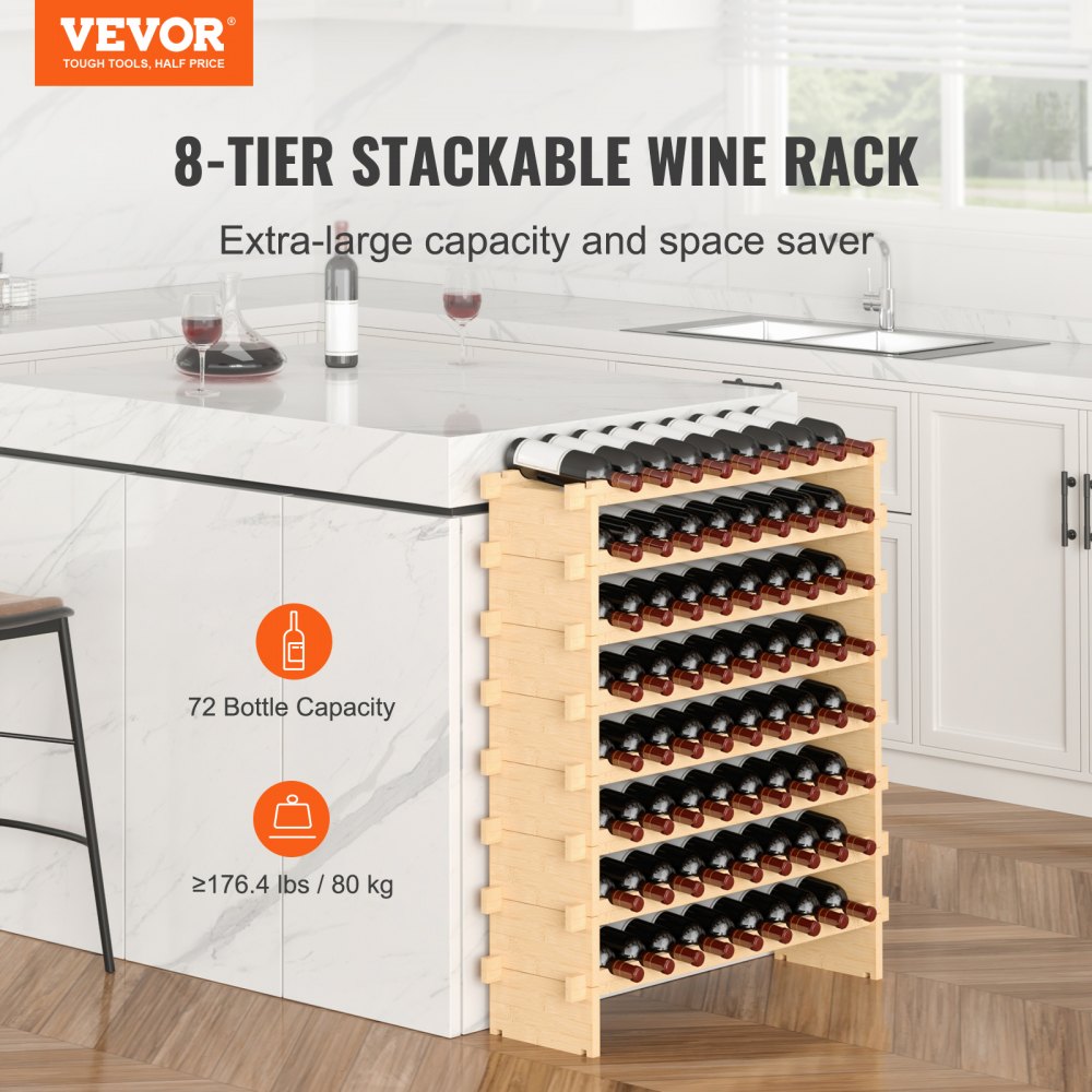 VEVOR Botellero modular apilable para 72 botellas, estantes de almacenamiento de madera de bambú maciza de 8 niveles, estante de exhibición independiente para vino, estantes sin oscilaciones para coci