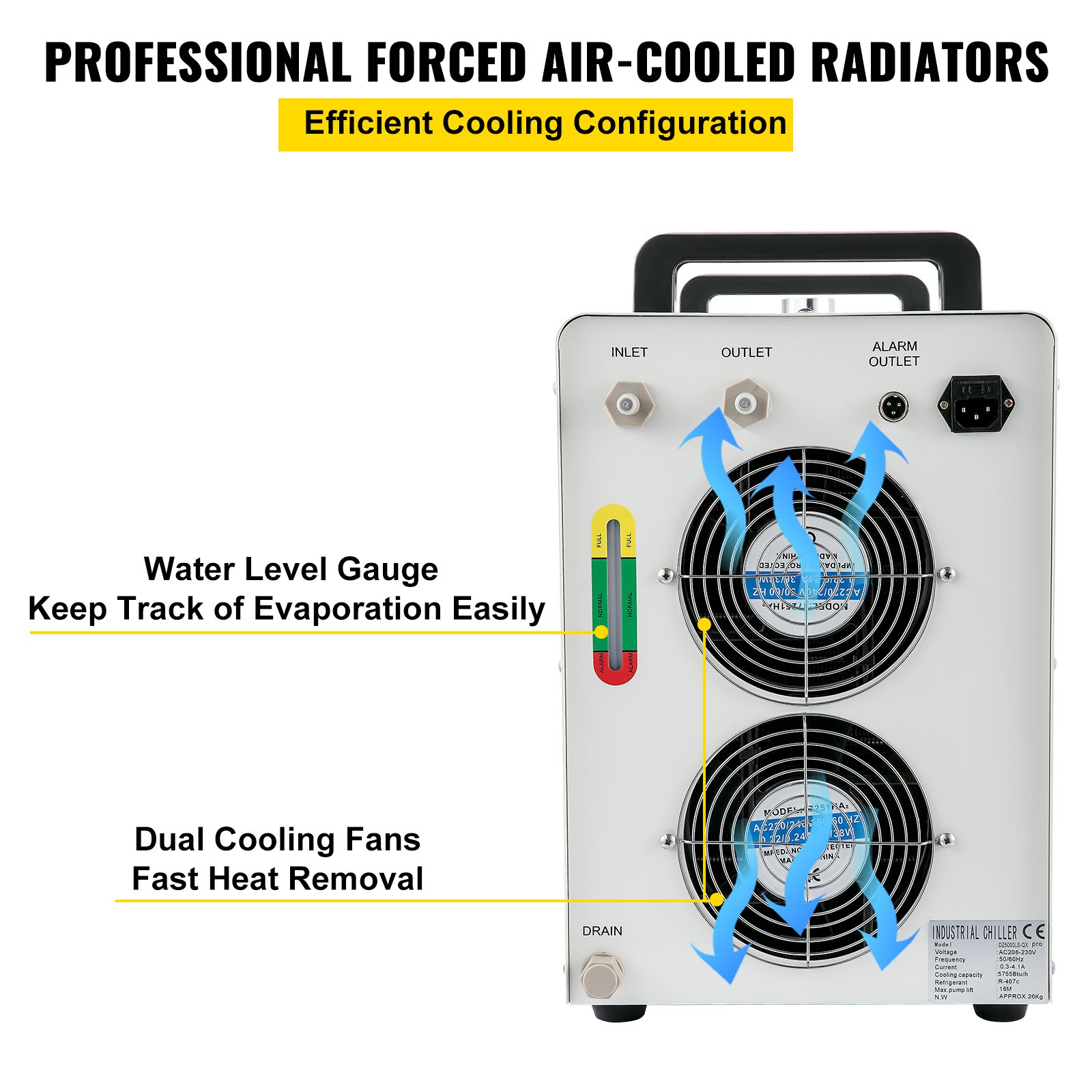 Enfriador industrial VEVOR, enfriador de agua industrial CW-5000 de 110 V, capacidad de enfriamiento de 800 W, agua de enfriamiento de capacidad de 6 l, enfriador de recirculación de corriente de 4.5-7 A para máquina de enfriamiento de máquina de grabado de 80 W/100 W