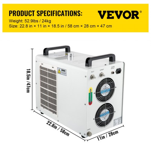 Enfriador industrial VEVOR, enfriador de agua industrial CW5200, capacidad de enfriamiento de 1700 W, agua de enfriamiento de capacidad de 6 l, 0,8 hp, 4,23 gpm, enfriador de recirculación para máquina de enfriamiento de máquina de grabado de 130/150 W