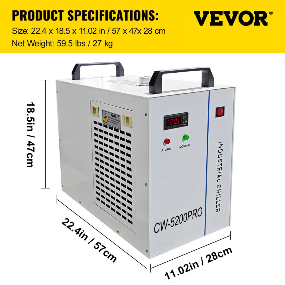 Enfriador industrial VEVOR, enfriador de agua industrial CW5200, capacidad de enfriamiento de 1700 W, agua de enfriamiento de capacidad de 6 l, 0,8 hp, 4,23 gpm, enfriador de recirculación para máquina de enfriamiento de máquina de grabado de 130/150 W