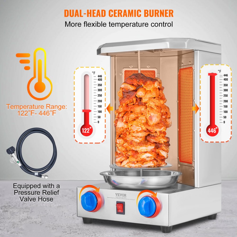 VEVOR - Parrilla para shawarma (capacidad de 6 kg), 2 quemadores, horno vertical de gas, asador de kebab, ideal para fiestas en casa, restaurantes y cocinas.