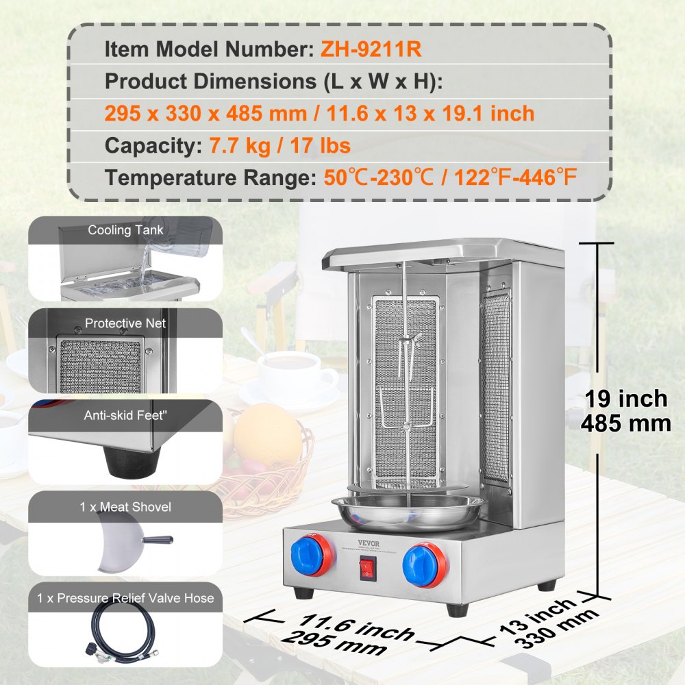 VEVOR - Parrilla para shawarma (capacidad de 6 kg), 2 quemadores, horno vertical de gas, asador de kebab, ideal para fiestas en casa, restaurantes y cocinas.