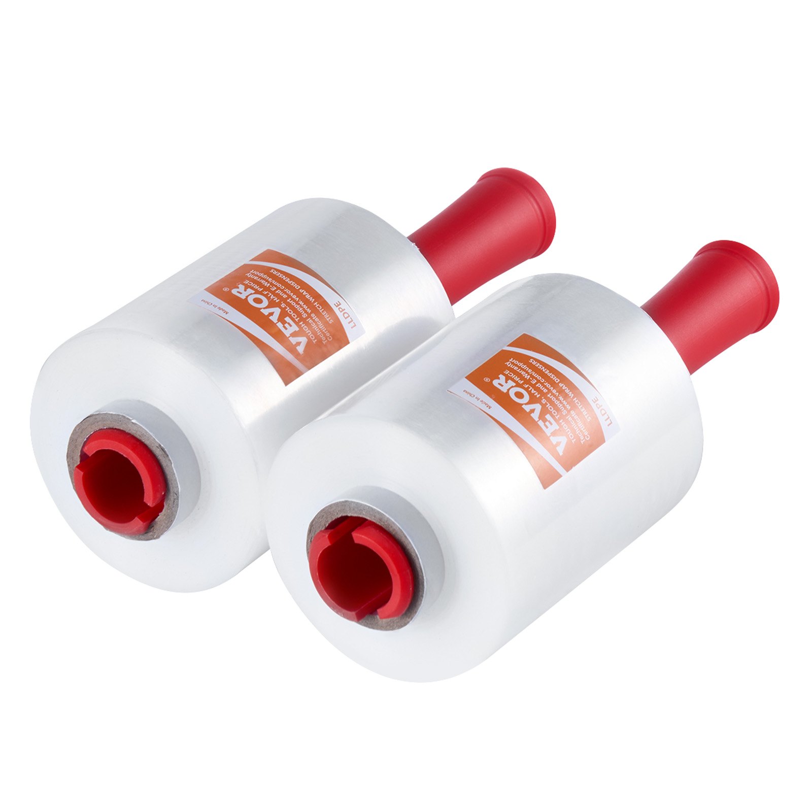 Rollos de film estirable VEVOR con asas rojas, etiquetas blancas y material de envoltura transparente.