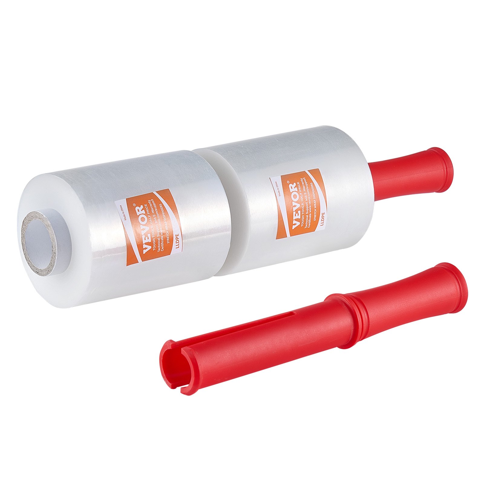 Dos rollos de film estirable VEVOR con asas rojas, ideales para tareas de embalaje y envoltura.