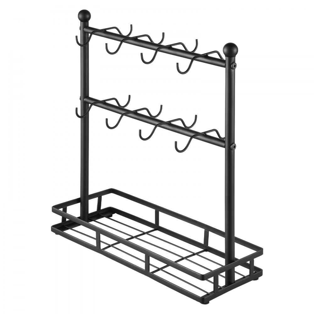 VEVOR - Soporte para tazas de café de encimera, 16 ganchos con base de almacenamiento, soporte para tazas de 2 niveles de acero al carbono, para exhibir y almacenar en la barra de café del hogar (negro mate)