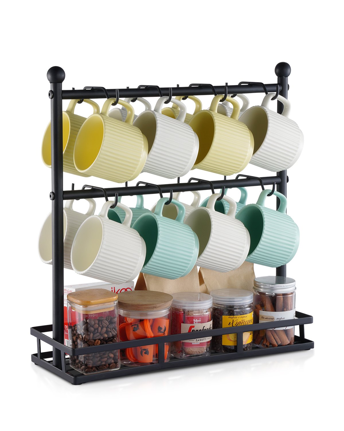 Soporte para tazas de café para encimera, 16 ganchos, organizador con base de almacenamiento