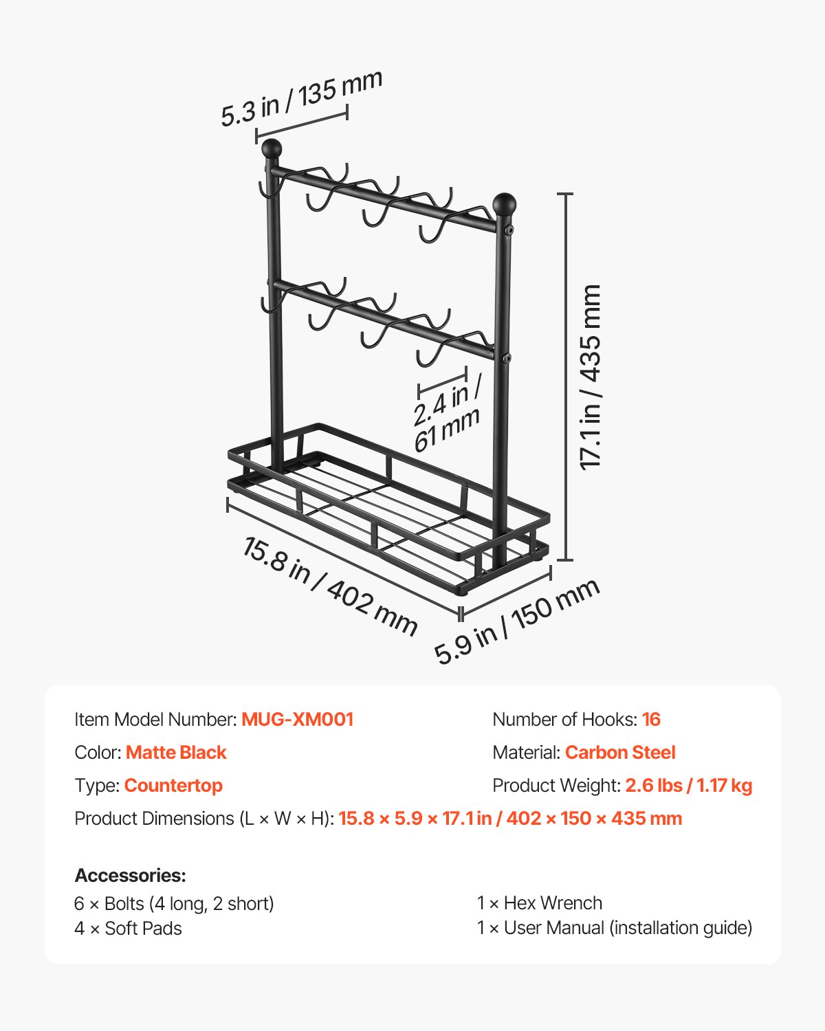 VEVOR - Soporte para tazas de café de encimera, 16 ganchos con base de almacenamiento, soporte para tazas de 2 niveles de acero al carbono, para exhibir y almacenar en la barra de café del hogar (negro mate)