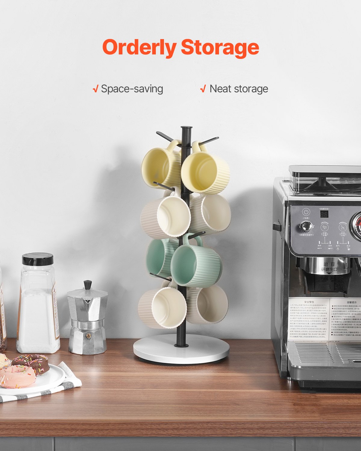 VEVOR - Soporte para tazas con base de mármol, 8 ganchos para mostrador, de acero al carbono, para barra de café, cocina y hogar (negro mate)