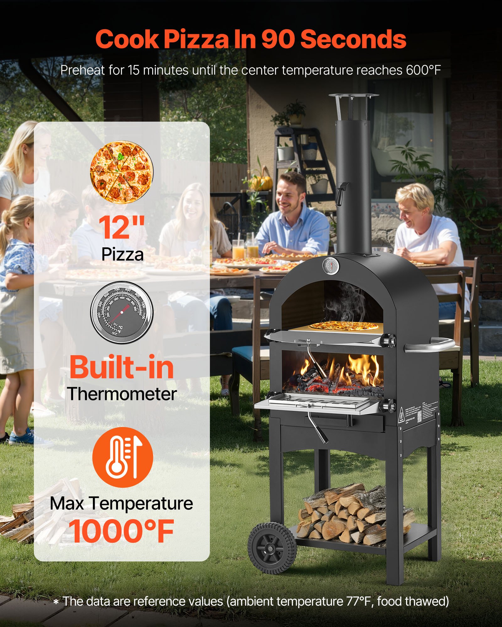 VEVOR Horno de Pizza de Pellets de Leña de 2 Capas, para Exteriores, con 2 Ruedas Extraíbles, Máquina para Hacer Pizzas con Una Temperatura Máxima de 540 °C para Asar, 540 x 445 x 1420 mm, Negro