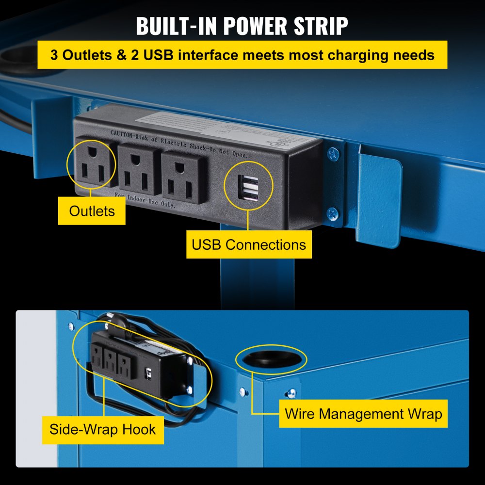 Carro audiovisual de acero VEVOR, altura ajustable de 66-104 cm, con cable de alimentación, 63 x 46 cm, para presentaciones, 3 estantes, 68 kg, con ruedas y 2 frenos, apto para cargas pesadas, color azul