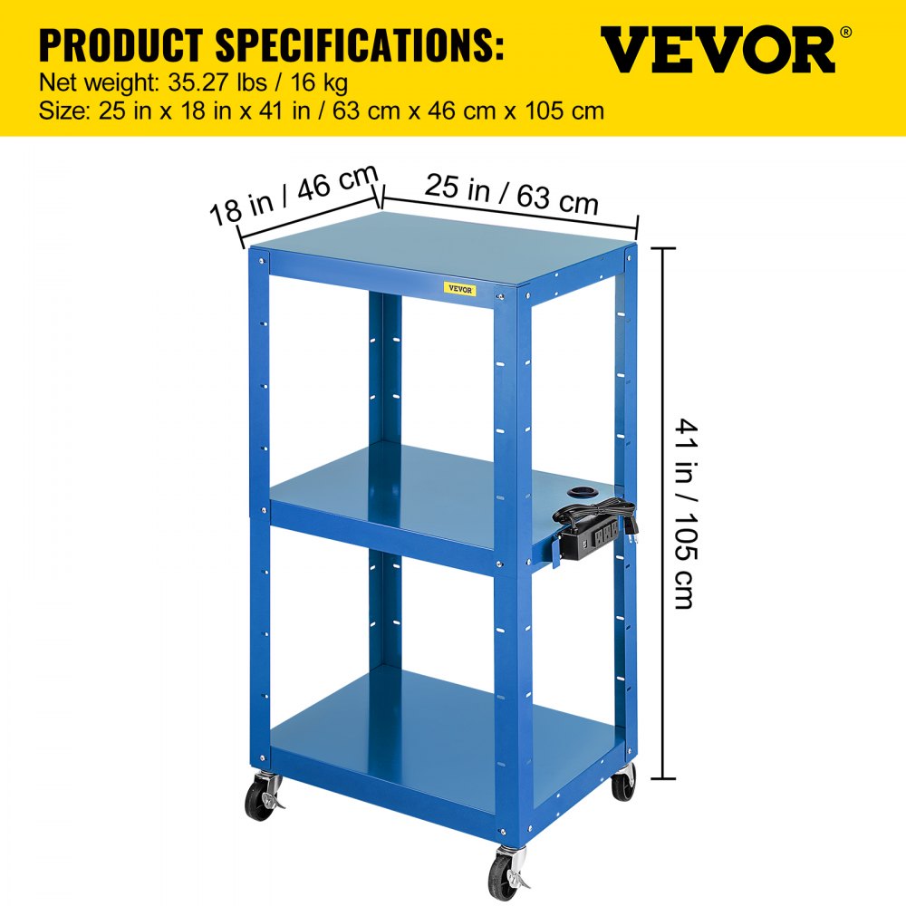 Carro audiovisual de acero VEVOR, altura ajustable de 66-104 cm, con cable de alimentación, 63 x 46 cm, para presentaciones, 3 estantes, 68 kg, con ruedas y 2 frenos, apto para cargas pesadas, color azul