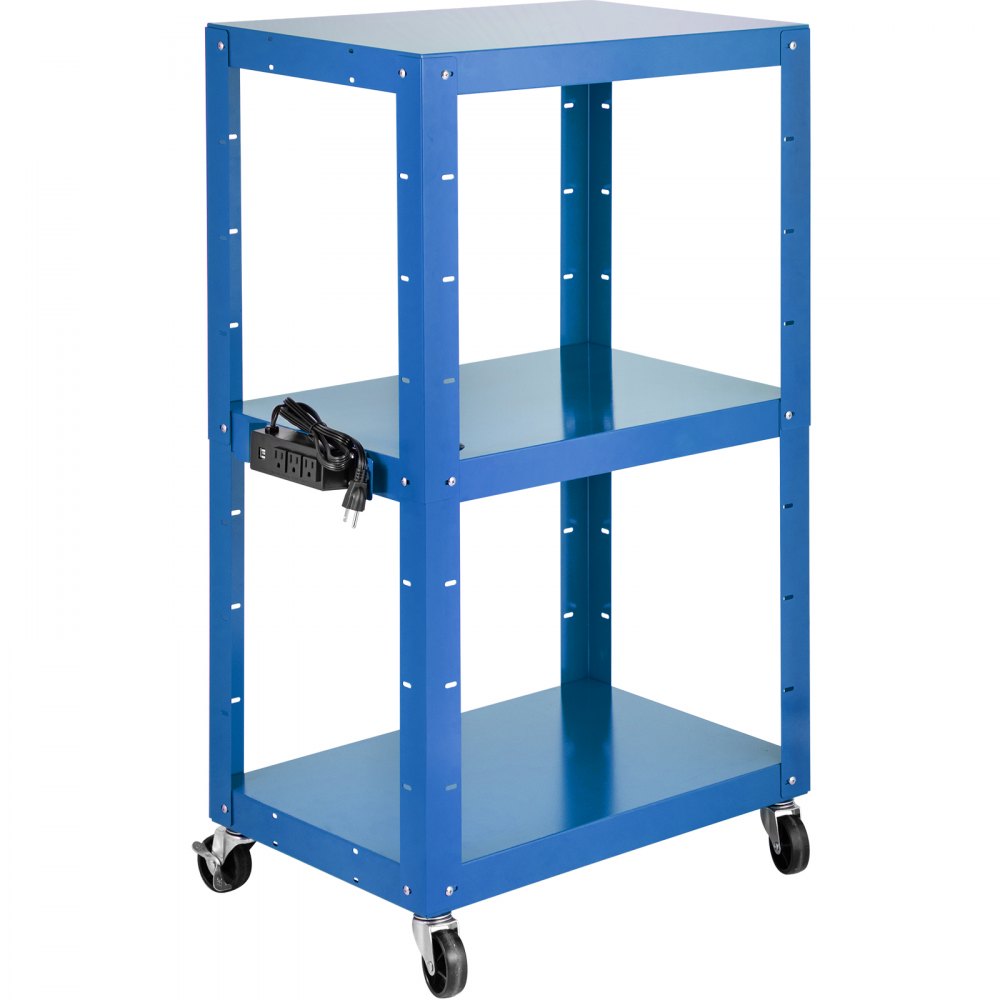 Carro audiovisual de acero VEVOR, altura ajustable de 66-104 cm, con cable de alimentación, 63 x 46 cm, para presentaciones, 3 estantes, 68 kg, con ruedas y 2 frenos, apto para cargas pesadas, color azul