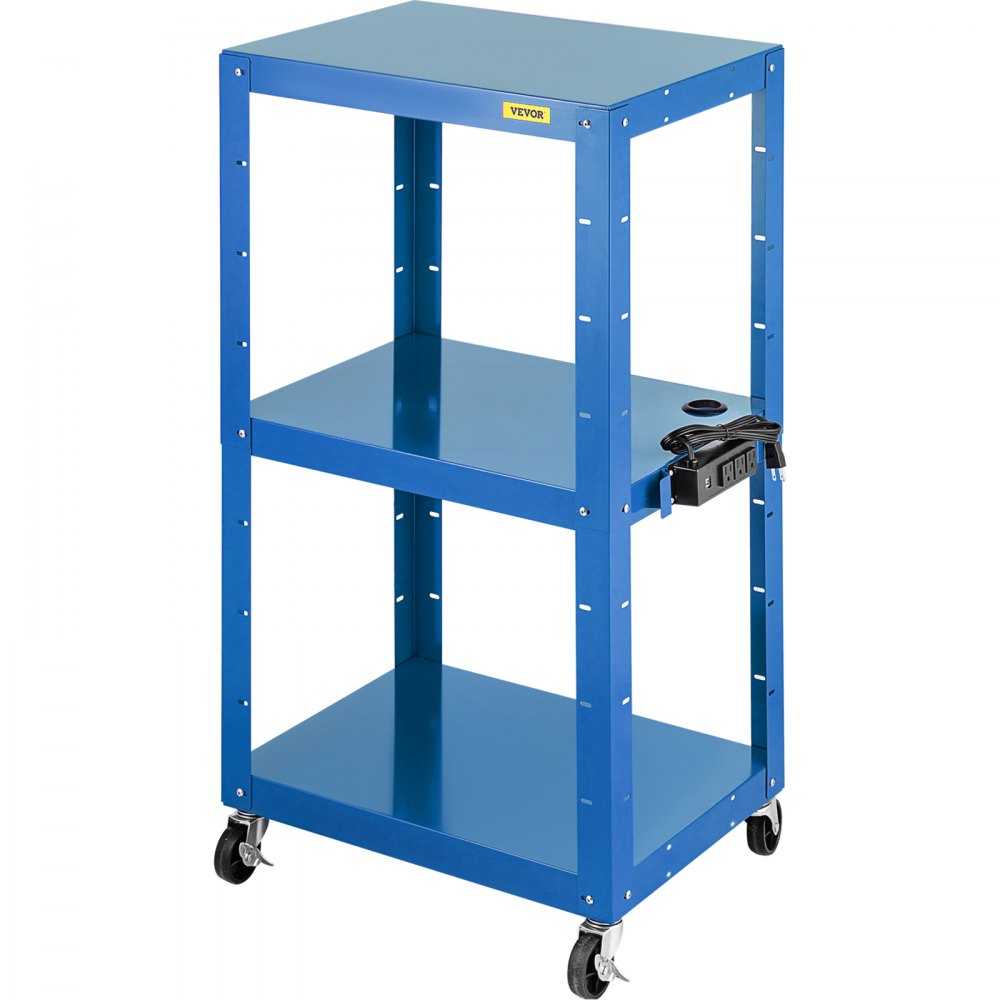 Carro audiovisual de acero VEVOR, altura ajustable de 66-104 cm, con cable de alimentación, 63 x 46 cm, para presentaciones, 3 estantes, 68 kg, con ruedas y 2 frenos, apto para cargas pesadas, color azul