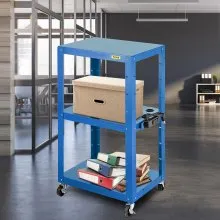 Carro AV de acero VEVOR, carro multimedia de altura ajustable de 26 a 41 pulgadas con cable de alimentación eléctrica, carro de presentación de 25 x 18 pulgadas con 3 estantes, carro rodante de 150 libras con 2 frenos adecuado para carga, azul