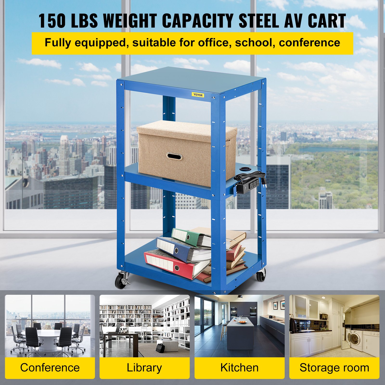 Carro audiovisual de acero VEVOR, altura ajustable de 66-104 cm, con cable de alimentación, 63 x 46 cm, para presentaciones, 3 estantes, 68 kg, con ruedas y 2 frenos, apto para cargas pesadas, color azul
