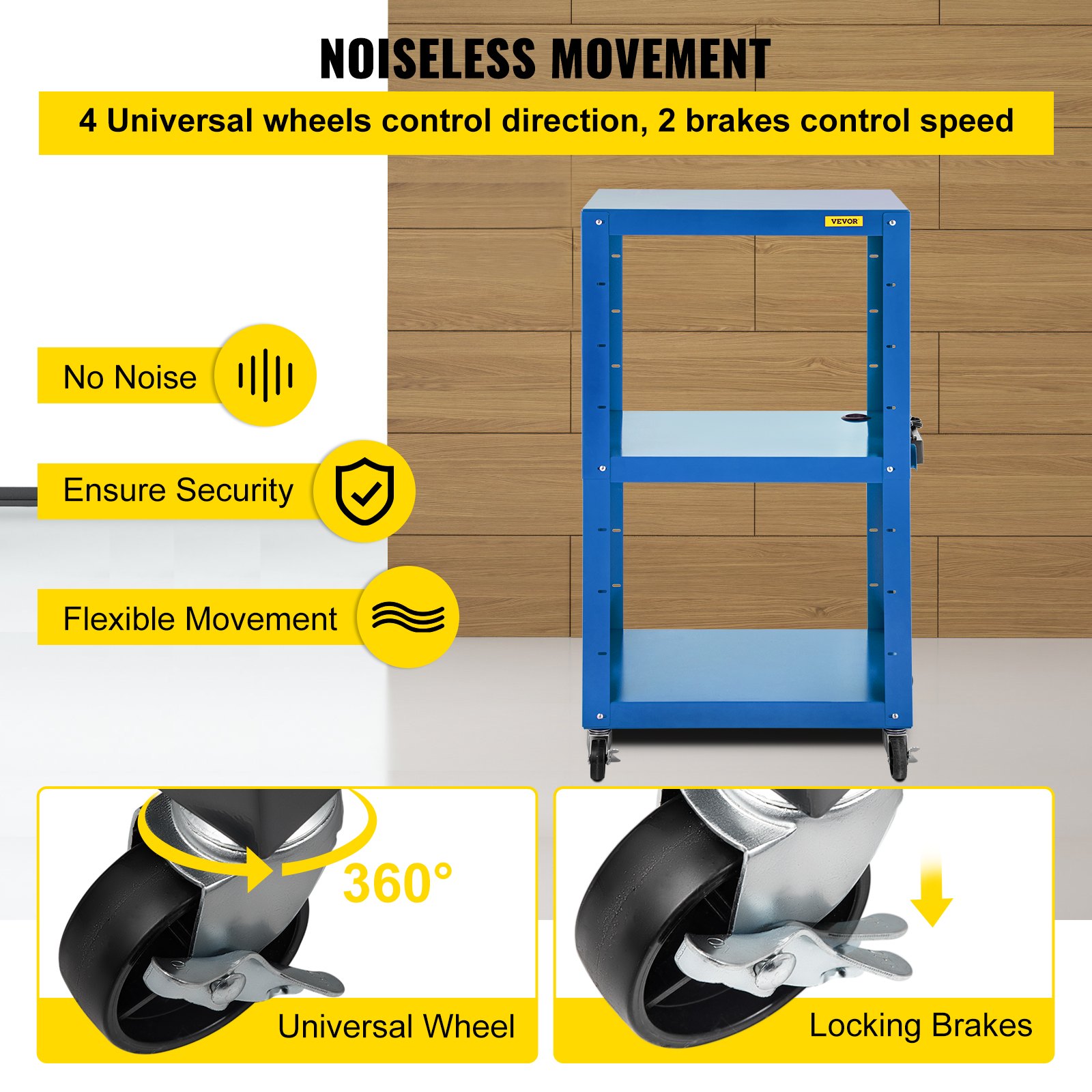 Carro audiovisual de acero VEVOR, altura ajustable de 66-104 cm, con cable de alimentación, 63 x 46 cm, para presentaciones, 3 estantes, 68 kg, con ruedas y 2 frenos, apto para cargas pesadas, color azul