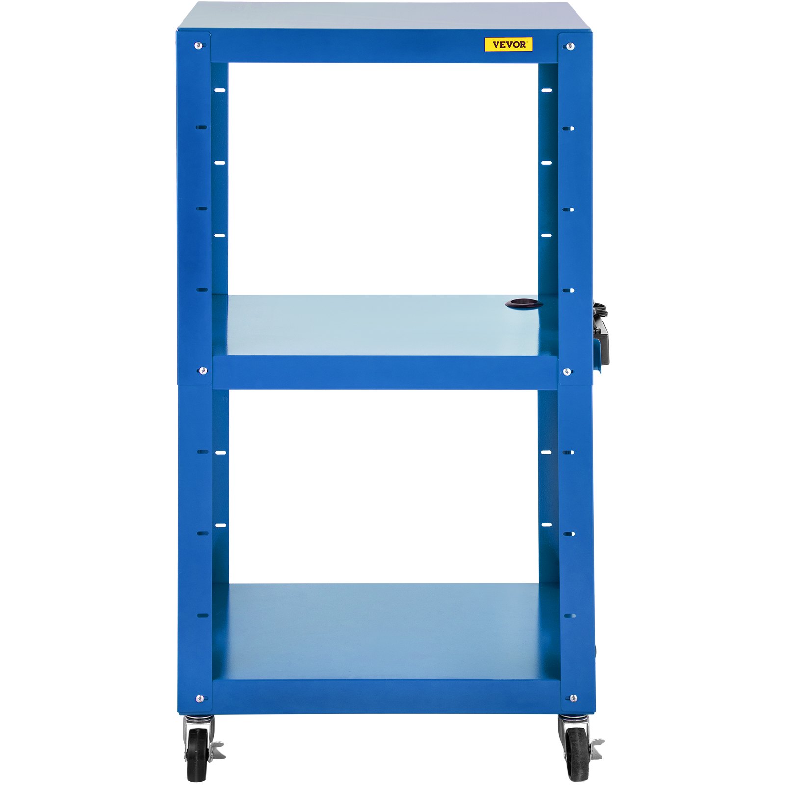 Carro audiovisual de acero VEVOR, altura ajustable de 66-104 cm, con cable de alimentación, 63 x 46 cm, para presentaciones, 3 estantes, 68 kg, con ruedas y 2 frenos, apto para cargas pesadas, color azul