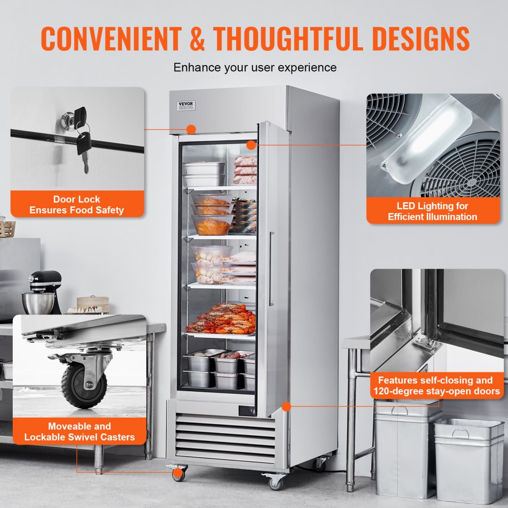 Congelador comercial VEVOR de 19.32 pies cúbicos, congelador vertical de 27" de ancho, una puerta, descongelamiento automático, acero inoxidable, 4 estantes ajustables, control de temperatura de -13 a 5 °F, luz LED y 4 ruedas.