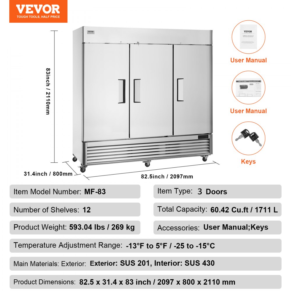 Congelador comercial VEVOR de 60.42 pies cúbicos, vertical de 82.5" de ancho, 3 puertas, descongelación automática, de acero inoxidable, con 12 estantes ajustables, control de temperatura de -13 a 5 °F, iluminación LED y 4 ruedas.