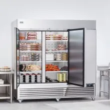 Congelador comercial VEVOR de 60.42 pies cúbicos, vertical de 82.5" de ancho, 3 puertas, descongelación automática, de acero inoxidable, con 12 estantes ajustables, control de temperatura de -13 a 5 °F, iluminación LED y 4 ruedas.