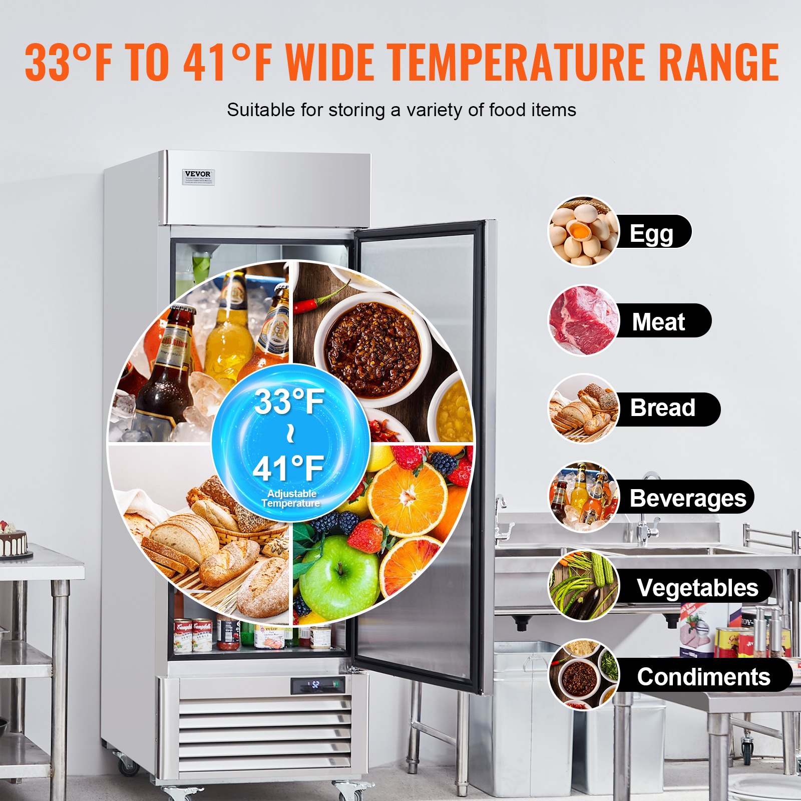 Refrigerador comercial VEVOR de 19.32 pies cúbicos, refrigerador vertical de acceso directo de 27" de ancho, una puerta, descongelamiento automático, acero inoxidable, 4 estantes, control de temperatura de 33 a 41 °F, luz LED, 4 ruedas
