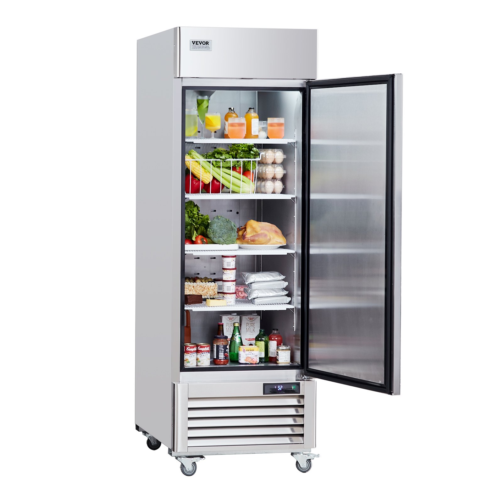 Refrigerador comercial VEVOR de 19.32 pies cúbicos, refrigerador vertical de acceso directo de 27" de ancho, una puerta, descongelamiento automático, acero inoxidable, 4 estantes, control de temperatura de 33 a 41 °F, luz LED, 4 ruedas