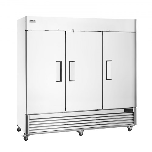 Refrigerador comercial VEVOR de 60.42 pies cúbicos, refrigerador vertical de 82.5" de ancho, 3 puertas, descongelamiento automático, acero inoxidable, 12 estantes, control de temperatura de 33 a 41 °F, luz LED, 4 ruedas