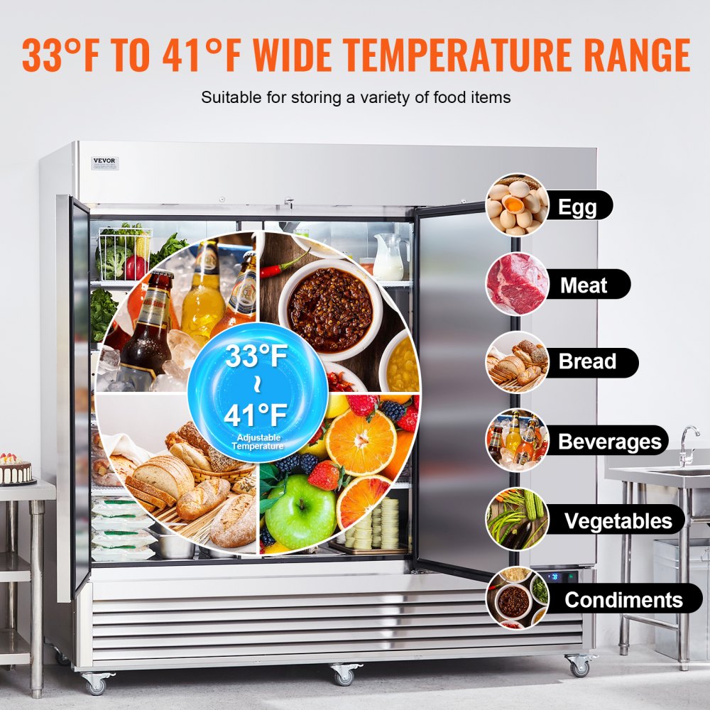 Refrigerador comercial VEVOR de 60.42 pies cúbicos, refrigerador vertical de 82.5" de ancho, 3 puertas, descongelamiento automático, acero inoxidable, 12 estantes, control de temperatura de 33 a 41 °F, luz LED, 4 ruedas