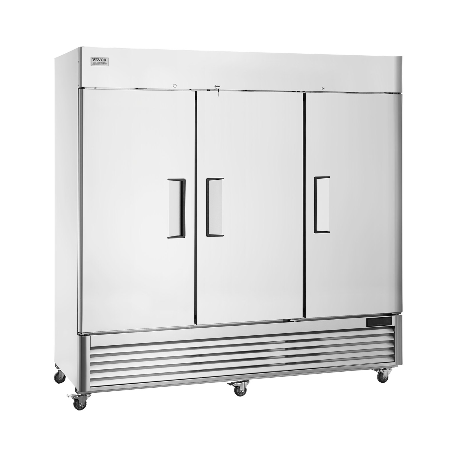 Refrigerador comercial VEVOR de 60.42 pies cúbicos, refrigerador vertical de 82.5" de ancho, 3 puertas, descongelamiento automático, acero inoxidable, 12 estantes, control de temperatura de 33 a 41 °F, luz LED, 4 ruedas