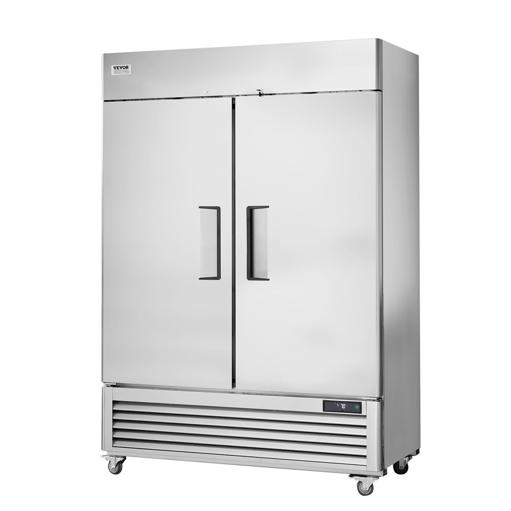 Frigorífico comercial VEVOR con puertas dobles, acabado en acero inoxidable y pantalla digital de temperatura.