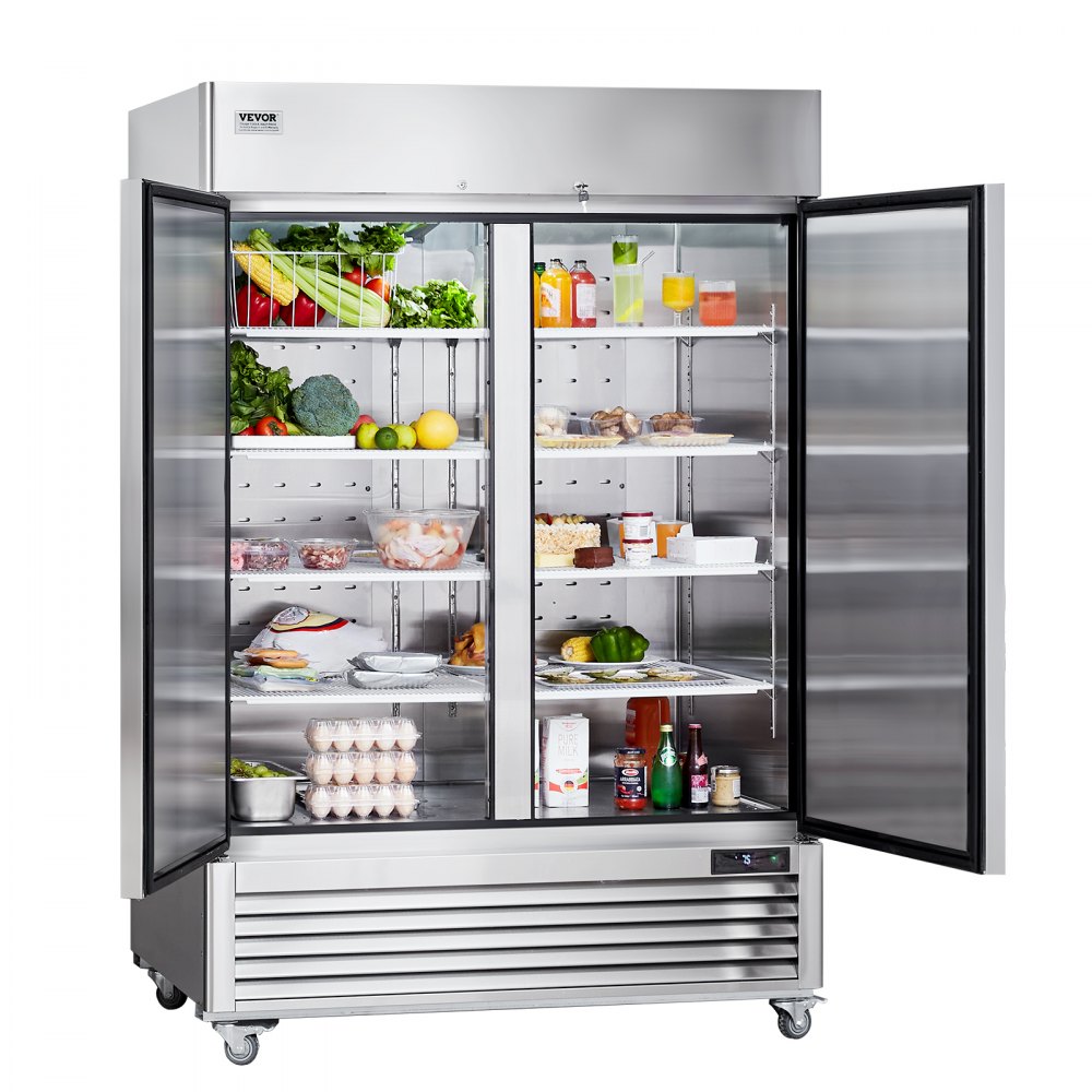Refrigerador comercial VEVOR con puertas dobles abiertas que exhibe una variedad de alimentos y bebidas frescas.