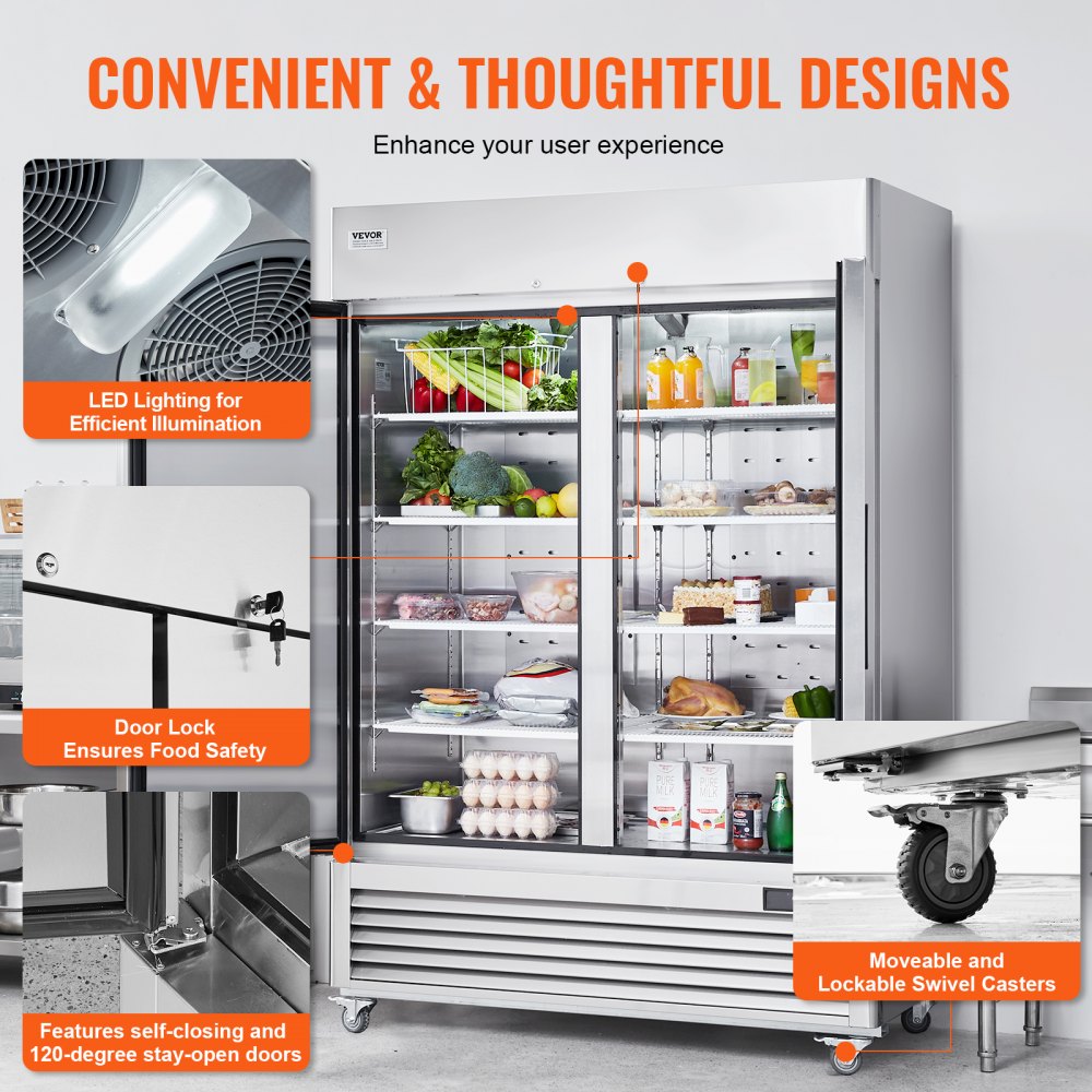 Refrigerador comercial VEVOR de 44.21 pies cúbicos, vertical de 54.4" de ancho, 2 puertas, descongelación automática, de acero inoxidable, con 8 estantes, control de temperatura de 33 a 41 °F, luz LED y 4 ruedas.