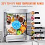 Refrigerador comercial VEVOR de 44.21 pies cúbicos, vertical de 54.4" de ancho, 2 puertas, descongelación automática, de acero inoxidable, con 8 estantes, control de temperatura de 33 a 41 °F, luz LED y 4 ruedas.