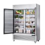 Frigorífico comercial VEVOR de doble puerta abierto lleno de diversos alimentos, bebidas y productos.