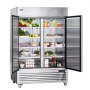 Refrigerador comercial VEVOR con puertas dobles abiertas que exhibe una variedad de alimentos y bebidas frescas.