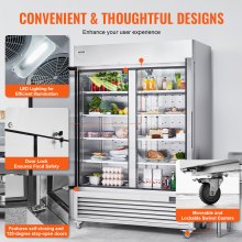 VEVOR Refrigerador comercial 44.21 pies cúbicos, alcance en 54.4" W refrigerador vertical 2 puertas, refrigerador de acero inoxidable con descongelación automática con 8 estantes, control de temperatura de 33 a 41 ℉, luz LED, 4 ruedas