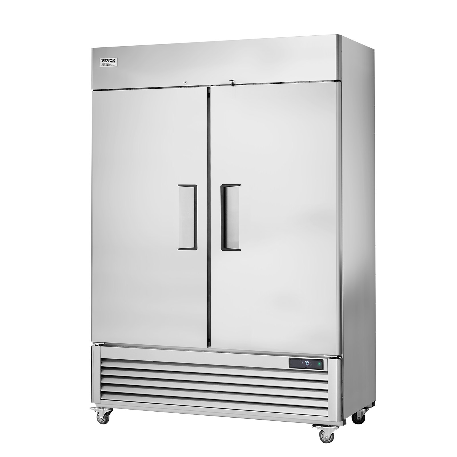 Frigorífico comercial VEVOR con puertas dobles, acabado en acero inoxidable y pantalla digital de temperatura.