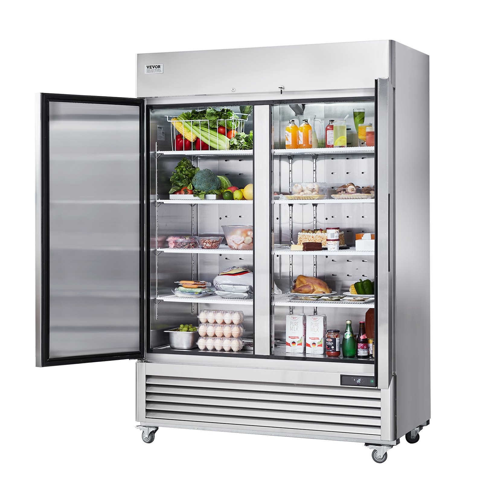 Frigorífico comercial VEVOR de doble puerta abierto lleno de diversos alimentos, bebidas y productos.