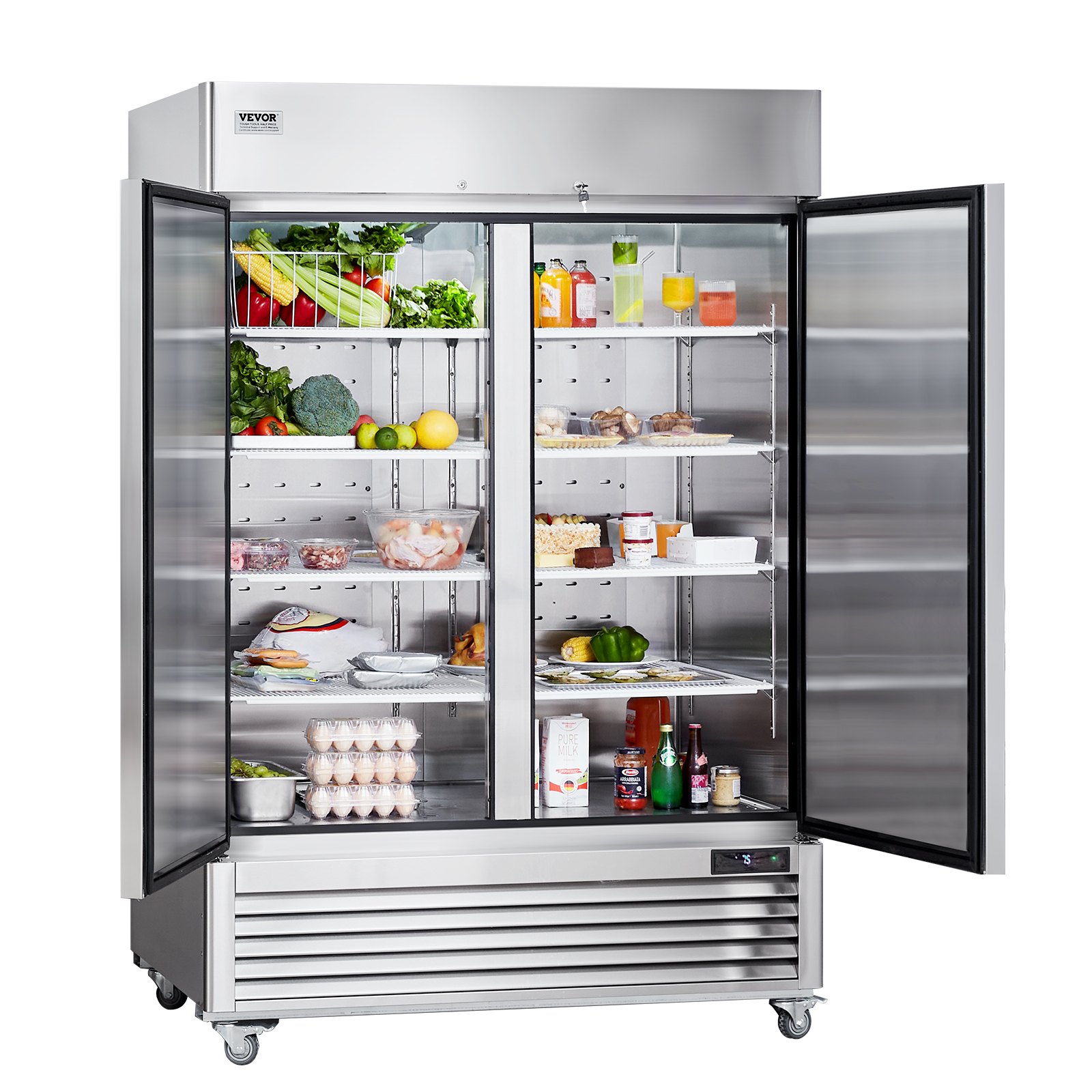 Refrigerador comercial VEVOR con puertas dobles abiertas que exhibe una variedad de alimentos y bebidas frescas.
