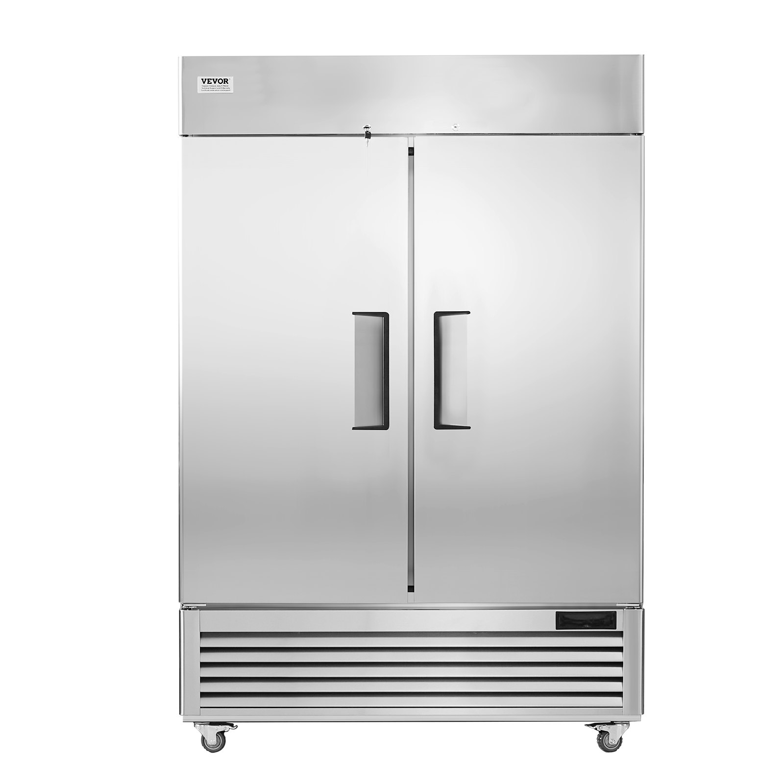 Refrigerador comercial VEVOR con puertas dobles, acabado en acero inoxidable y ruedas giratorias.