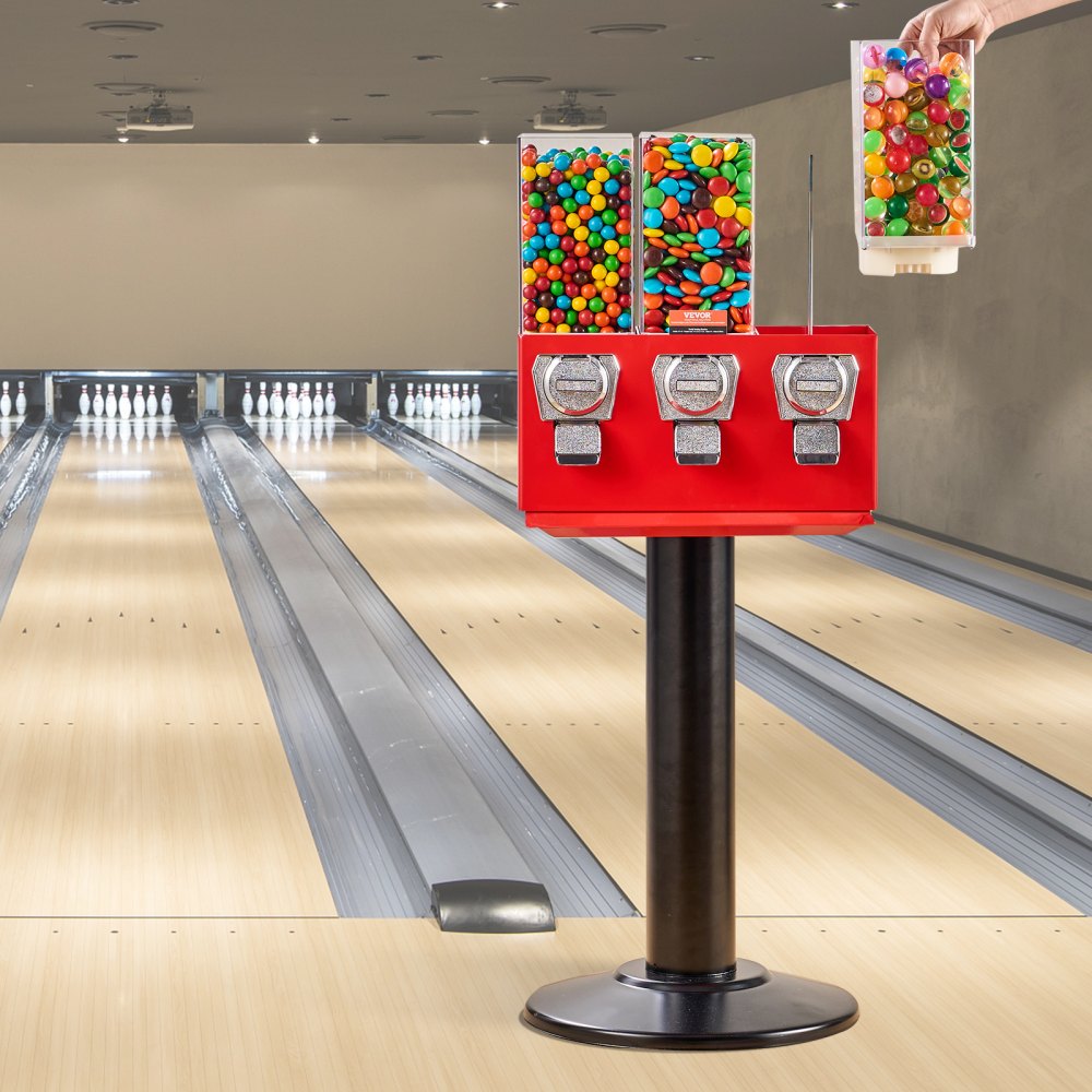 Máquina expendedora comercial VEVOR, dispensador de caramelos de tres compartimentos con soporte de hierro, máquina expendedora de chicles y caramelos para negocios, hucha para cápsulas de juguete, pelotas saltarinas, caramelos y frutos secos, roja