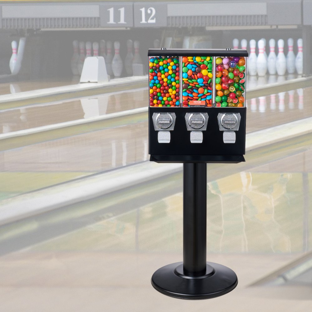 Máquina expendedora comercial VEVOR, dispensador de caramelos de tres compartimentos con soporte de hierro, máquina de chicles y caramelos para negocios, alcancía de monedas para cápsulas de juguete, bolas saltarinas y caramelos, color negro