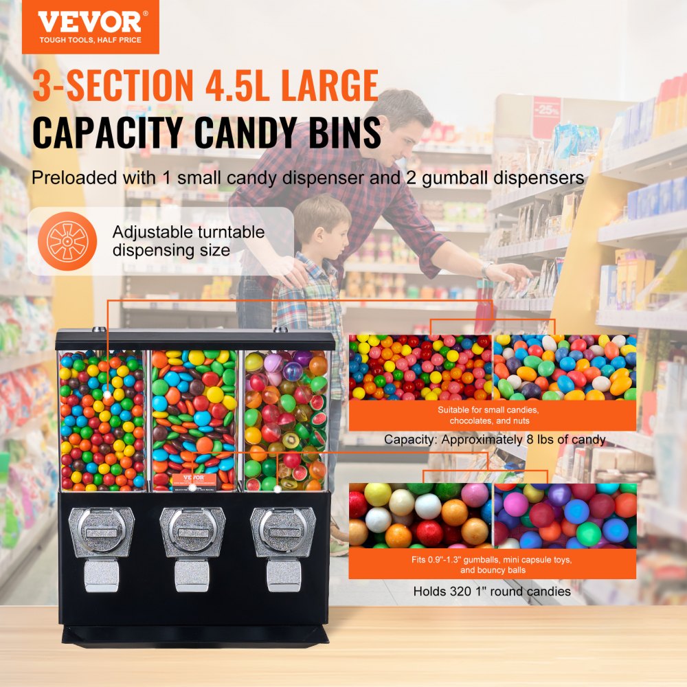 Máquina expendedora comercial VEVOR, dispensador de caramelos de tres compartimentos con soporte de hierro, máquina de chicles y caramelos para negocios, alcancía de monedas para cápsulas de juguete, bolas saltarinas y caramelos, color negro