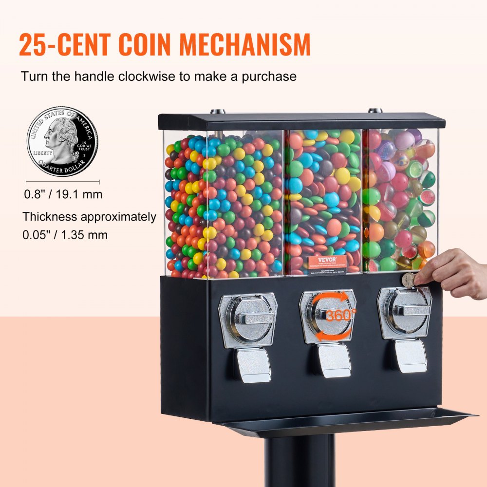 Máquina expendedora comercial VEVOR, dispensador de caramelos de tres compartimentos con soporte de hierro, máquina de chicles y caramelos para negocios, alcancía de monedas para cápsulas de juguete, bolas saltarinas y caramelos, color negro