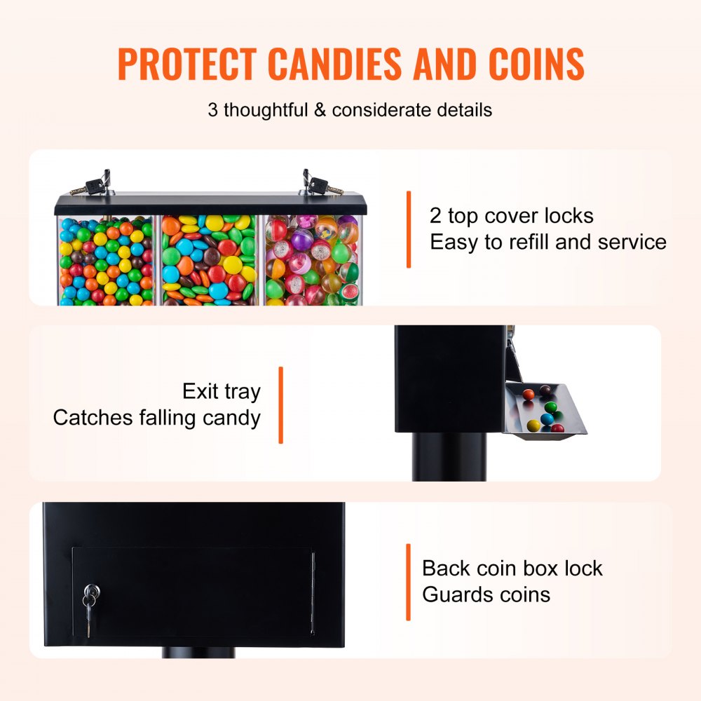 Máquina expendedora comercial VEVOR, dispensador de caramelos de tres compartimentos con soporte de hierro, máquina de chicles y caramelos para negocios, alcancía de monedas para cápsulas de juguete, bolas saltarinas y caramelos, color negro