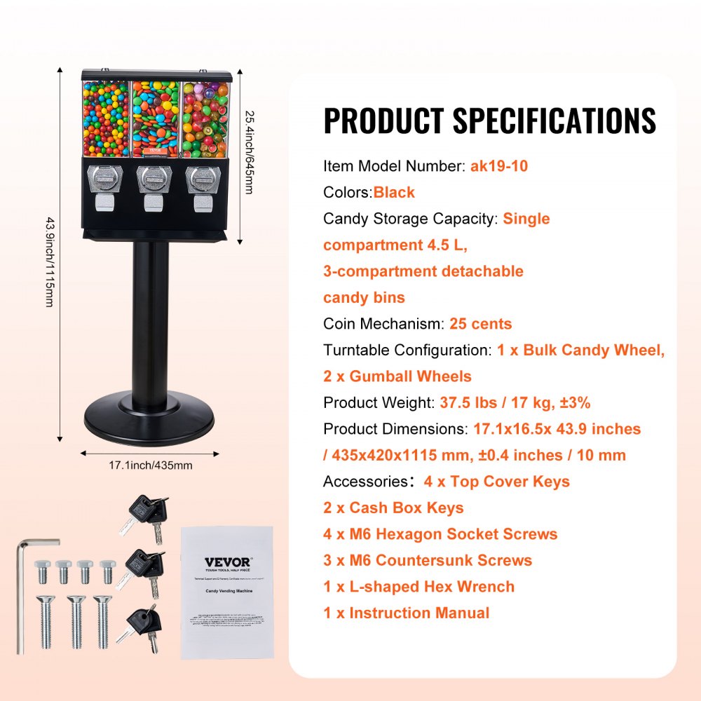 Máquina expendedora comercial VEVOR, dispensador de caramelos de tres compartimentos con soporte de hierro, máquina de chicles y caramelos para negocios, alcancía de monedas para cápsulas de juguete, bolas saltarinas y caramelos, color negro