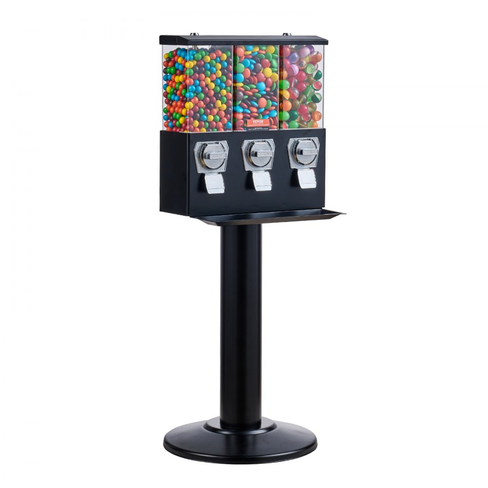 Máquina expendedora comercial VEVOR, dispensador de caramelos de tres compartimentos con soporte de hierro, máquina de chicles y caramelos para negocios, alcancía de monedas para cápsulas de juguete, bolas saltarinas y caramelos, color negro